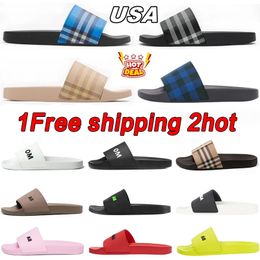 Designer Check Slides Vintage Printing Tartan Slippers Sliders Mens Furley Archive Summer Beige Print Embossed Logo Slide Dark Cerulean Blue Mangrove Size 35-46